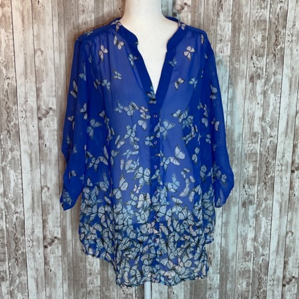 Truly 4 You NWT Blue Butterfly Sheer Blouse size XL